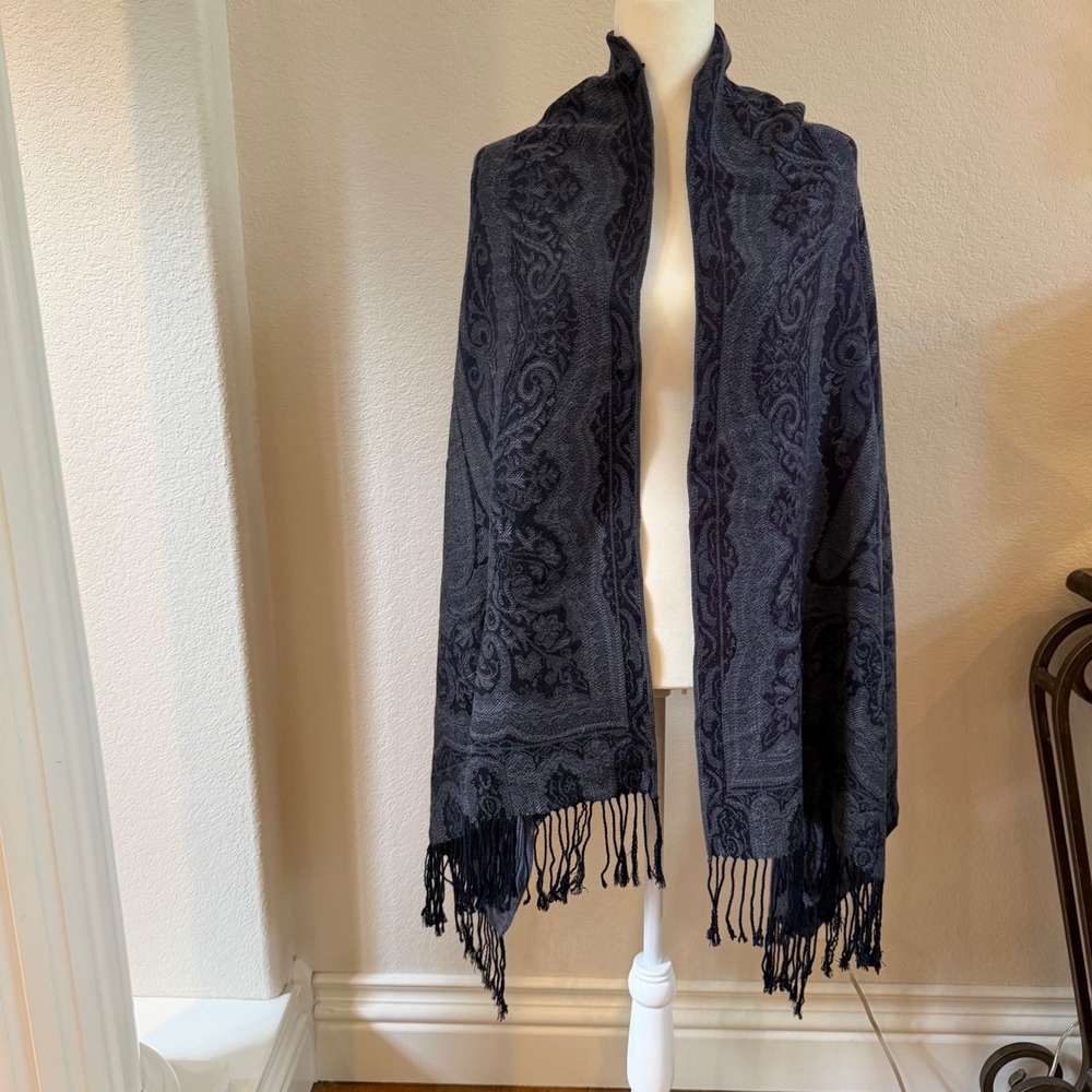 Gray Paisley Jacquard Tassel Black Fringe Shawl Wrap Scarf 72x26.5k c